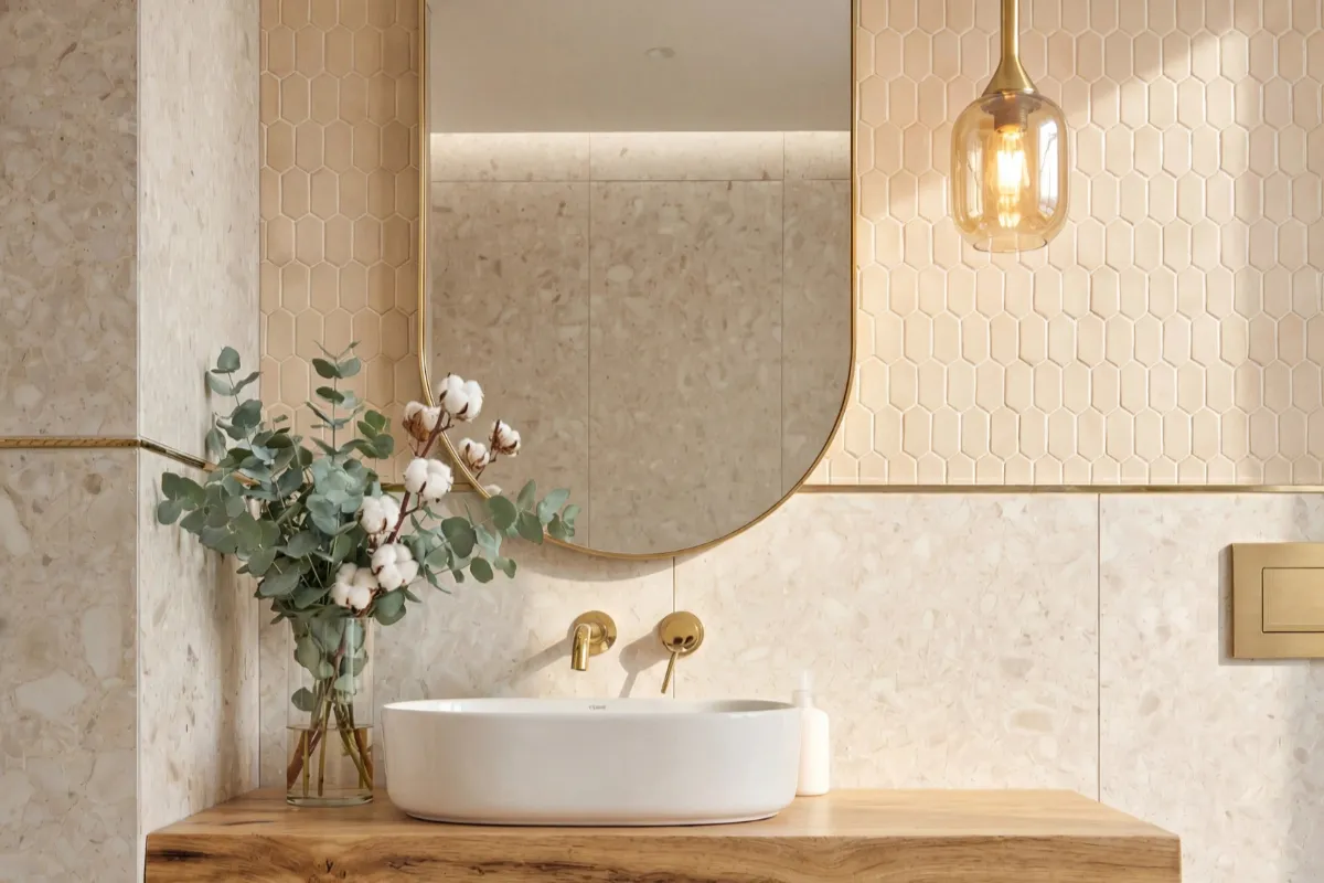 Elegancka łazienka w stylu japandi z mozaiką Raw Decor